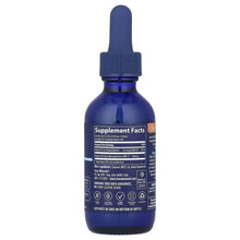 Liquid supplement bottle with dark blue dropper cap, back Supplement Facts panel