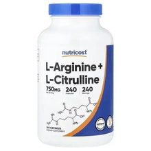 Nutricost L-Arginine & L-Citrulline supplement bottle, 240 capsules, 750 mg/250 mg