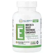 Tocotrienol softgel supplement bottle, white with green label and A.C. Grace branding