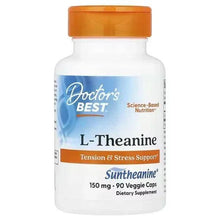 L-Theanine supplement bottle, blue label, orange cap, 150 mg veggie caps
