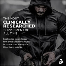 Clinically researched creatine supplement ad with a man in a dark hoodie