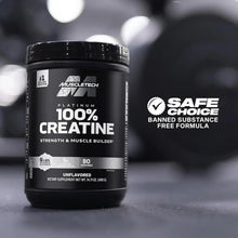 Creatine monohydrate powder tub close-up with Safe Choice banned substance-free badge