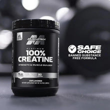Muscletech Platinum 100% Creatine unflavored supplement jar, safe choice badge