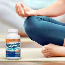Glucosamine chondroitin complex MSM supplement bottle beside a person stretching