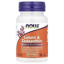 NOW Foods lutein & zeaxanthin softgel supplement bottle with front label