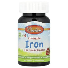 Kids chewable iron supplement bottle, strawberry label, 15 mg, 60 tablets