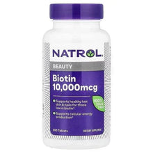 Biotin 10,000 mcg dietary supplement bottle, 200 tablets, Natrol Beauty label