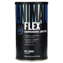 Joint care supplement container, black with blue stripe and FLEX logo