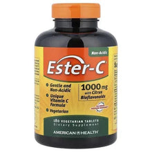 Ester-C vitamin C supplement bottle, 180 vegetarian tablets label