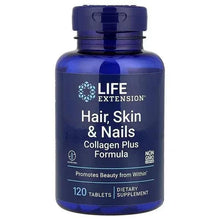 Life Extension collagen supplement bottle, Hair Skin & Nails, 120 tablets, blue label