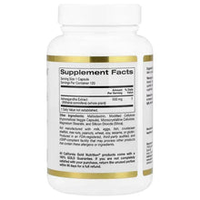 California Gold Nutrition ashwagandha extract bottle back with Supplement Facts panel
