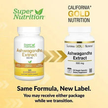 Ashwagandha extract supplement bottles, 500 mg, same formula new label