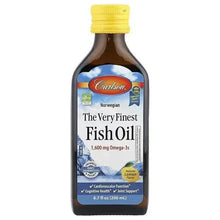 Fish oil bottle with yellow cap; front label reads The Very Finest Fish Oil