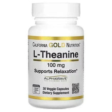 L-Theanine 100 mg supplement bottle, AlphaWave, 30 veggie capsules label