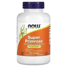Primrose oil supplement bottle with purple cap and orange label, 120 softgels