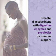 Pregnant person holding belly beside prenatal digestive blend graphic