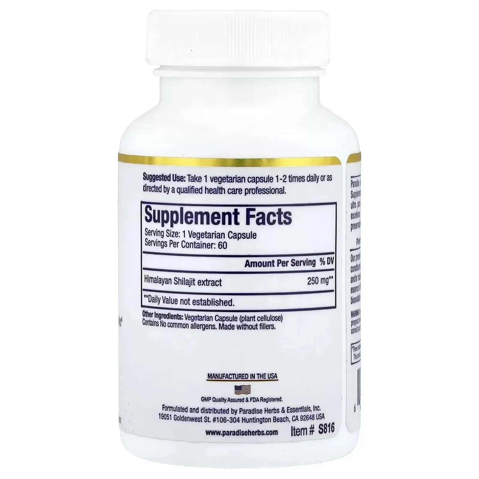 Paradise Herbs, Shilajit Extract, 250 mg, 60 Vegetarian Capsules - Mumzar