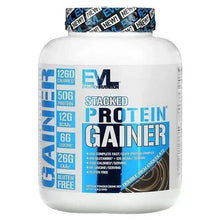 Protein gainer powder bottle with blue cap and front label showing stacked protein gainer