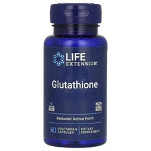 Glutathione dietary supplement bottle with Life Extension front label, 60 vegetarian capsules