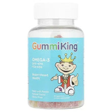 Omega-3 DHA+EPA kids gummy bottle with blue front label and crown cartoon