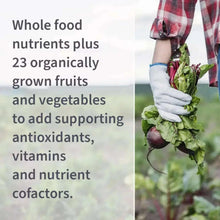 Vitamin Code RAW Vitamin C supplement promotional graphic with produce and gloves