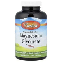 Carlson Magnesium Glycinate supplement bottle, 200 mg, 180 tablets, black cap