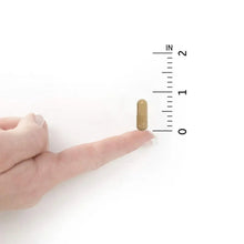RAW Vitamin C vitamin capsule held next to a measurement scale