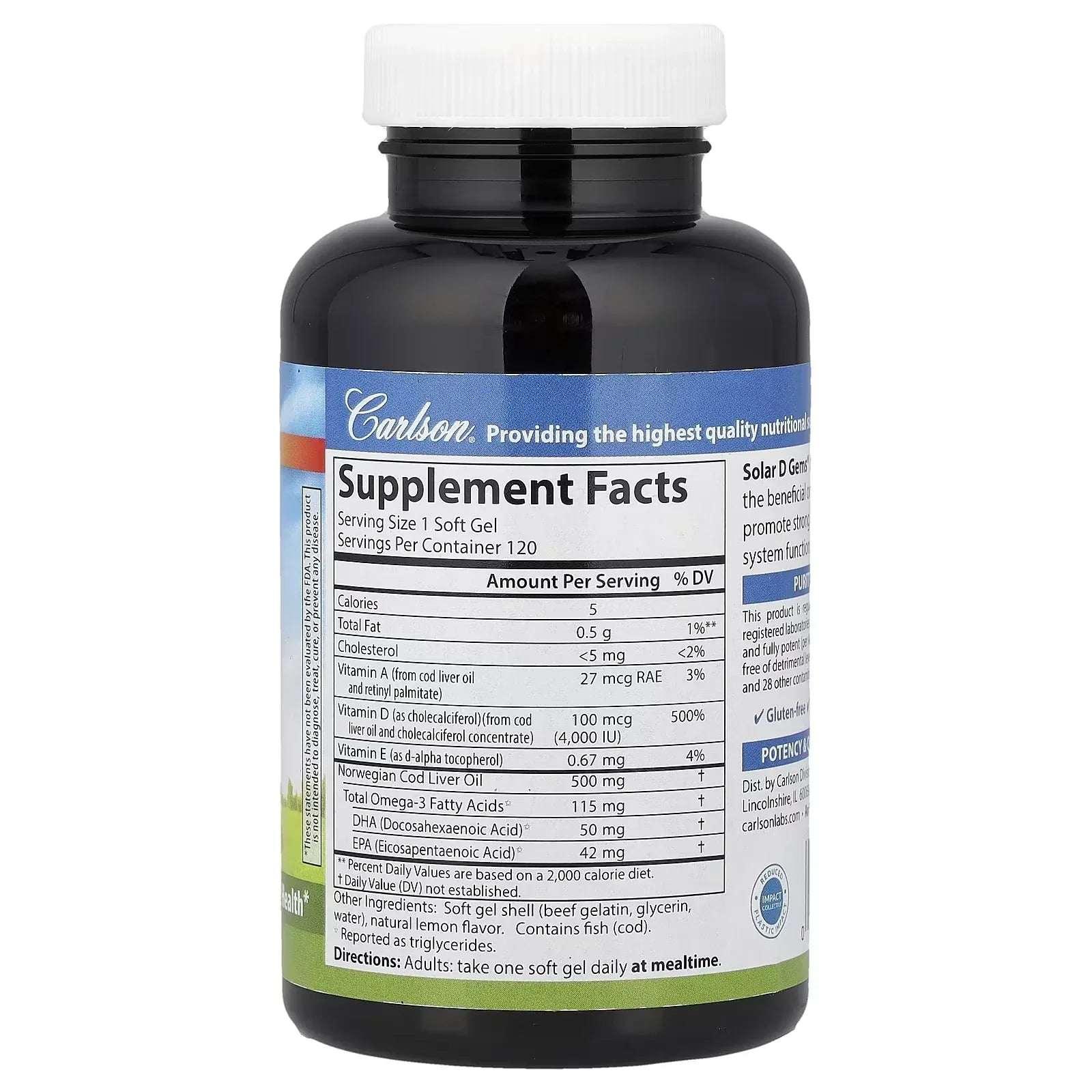 Carlson, Solar D Gems®, Vitamin D3 + Omega-3s, Natural Lemon, 120 Soft Gels - Mumzar