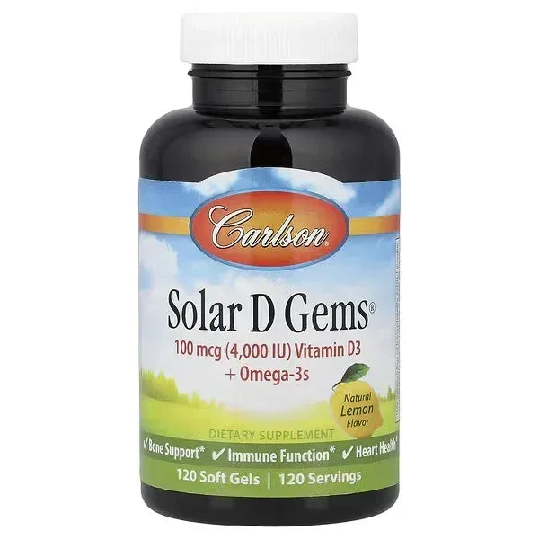 Carlson, Solar D Gems®, Vitamin D3 + Omega-3s, Natural Lemon, 120 Soft Gels - Mumzar