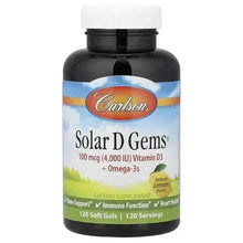 Vitamin D3 + omega-3 soft gel supplement bottle, natural lemon flavor, 120 soft gels