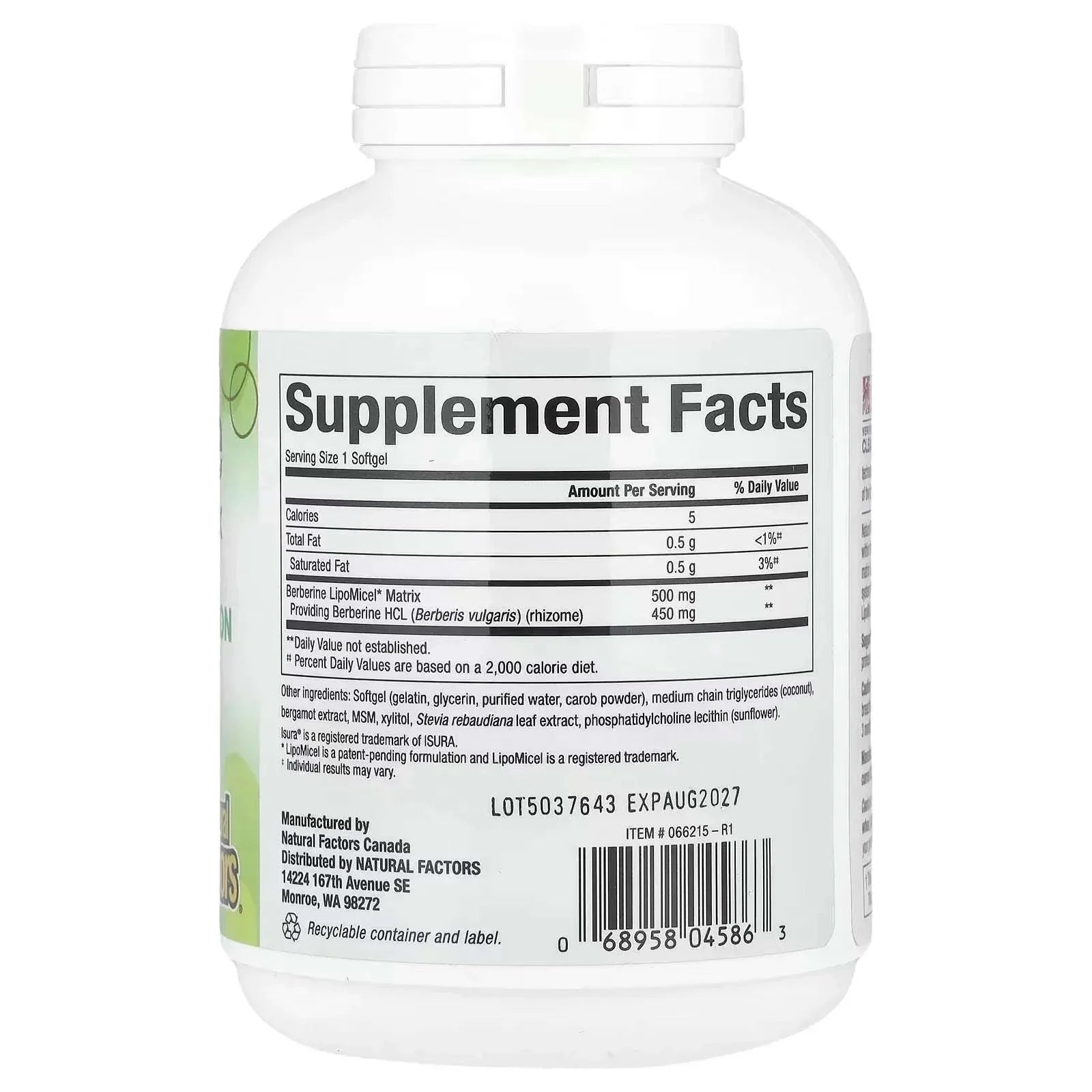 Natural Factors, Berberine LipoMicel Matrix, 90 Liquid Softgels - Mumzar