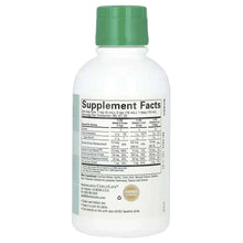 Liquid supplement bottle with green cap, Supplement Facts nutrition label on back
