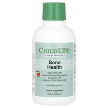 Liquid vitamin supplement bottle with green cap, bone health label, natural orange flavor