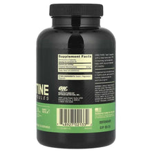 Optimum Nutrition creatine capsules bottle, black with Supplement Facts and barcode