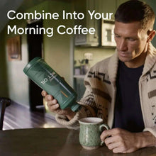 Organic MCT oil bottle held for pouring into a coffee mug