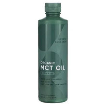 Organic MCT oil supplement bottle, dark green with flip-top cap and front label