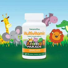 Children's chewable multivitamin supplement bottle, orange with Animal Parade branding