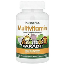 Children's chewable multivitamin supplement bottle, orange Animal Parade label