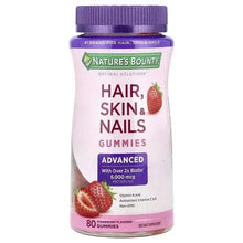 Strawberry gummies bottle, purple cap, hair skin & nails label, 80 count