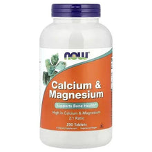 Calcium & Magnesium supplement bottle, purple cap, orange label, 250 tablets
