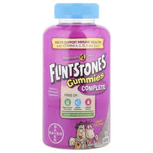 Children's multivitamin gummy bottle, purple Flintstones Complete label with blue cap