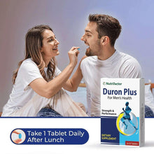 Dietary supplement box beside a couple, with an instruction for taking a tablet daily