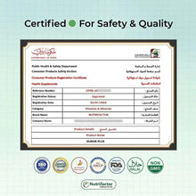 Safety and quality certificate graphic with approval seals and Nutrifactor logo