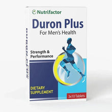 Dietary supplement box with running figure graphic, blue and yellow label