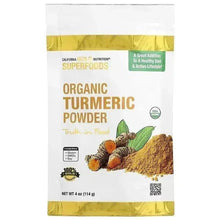 Organic turmeric powder pouch, 4 oz, with front label and turmeric root illustration
