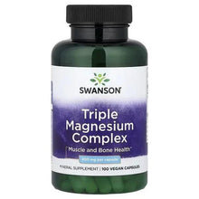 Triple Magnesium Complex supplement bottle with black cap and front purple label, 100 vegan capsules