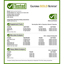 iTested supplement label with California Gold Nutrition certification details