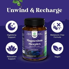 Magnesium Sleeplex melatonin-free supplement bottle with black cap and sleep support icons