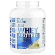 Whey protein tub for Vanilla Ice Cream flavor, white and blue front label