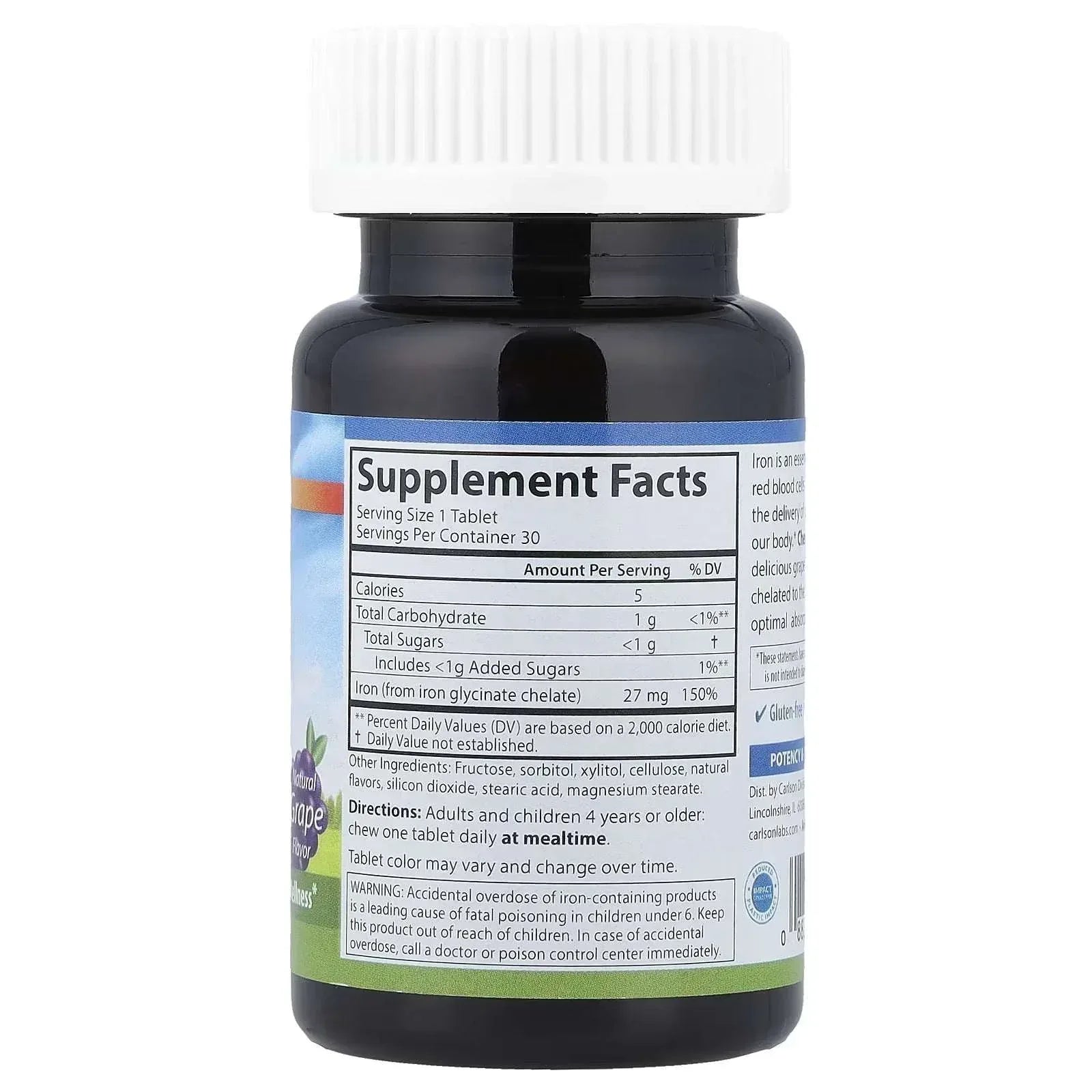 Carlson, Chewable Iron, Natural Grape, 27 mg, 30 Tablets - Mumzar